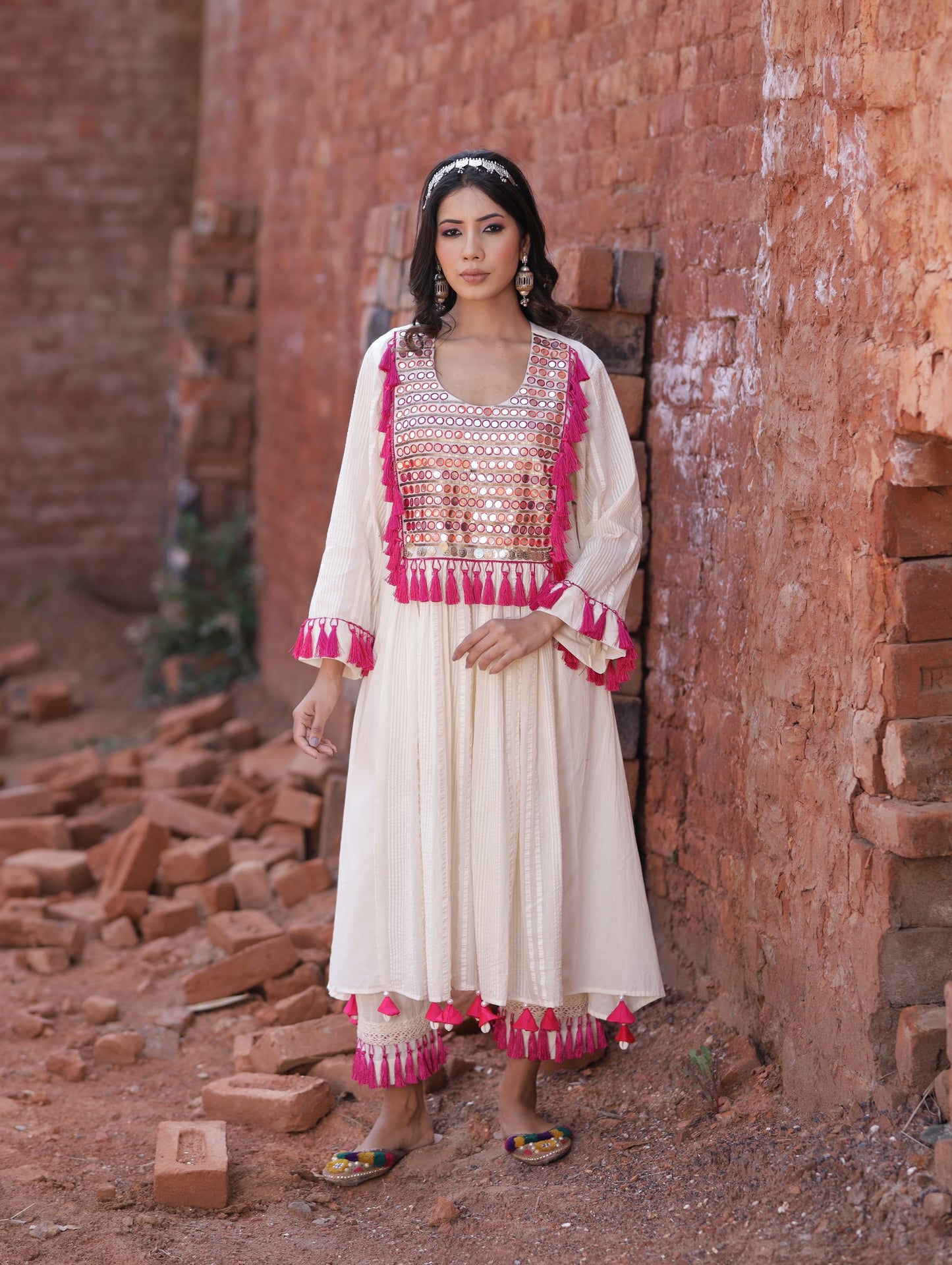 Full Sleeves A-Line Ivory Kurta Set