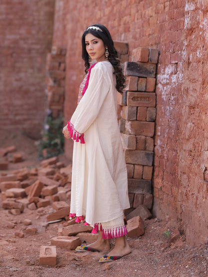 Full Sleeves A-Line Ivory Kurta Set