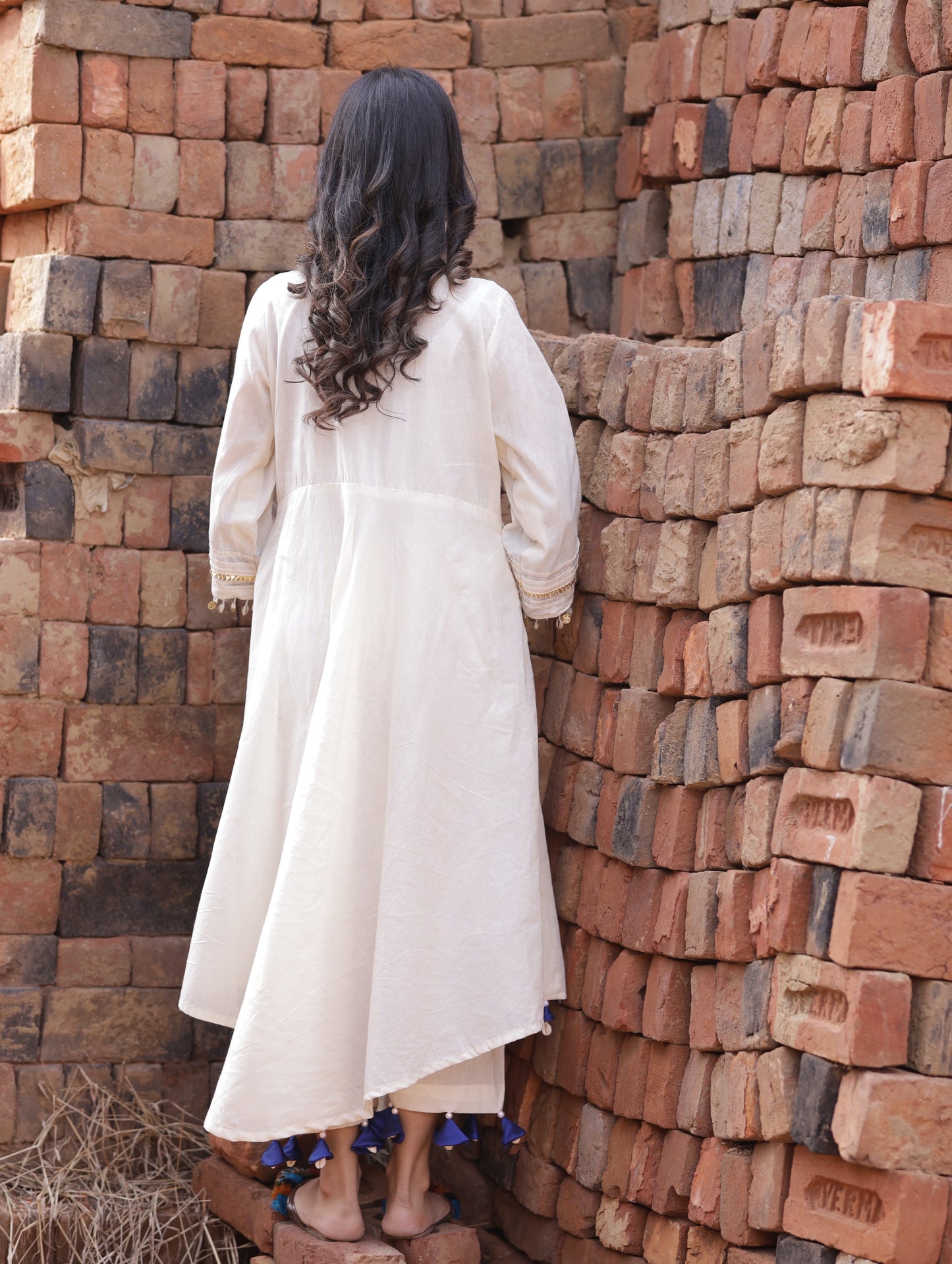 Full Front Patch Work On Ivory Kurta Set