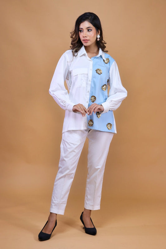 Floral Pattern On White N Blue Shirt With Pants - Mani Dua Khanna - Co - ord Set - Fab.Minimal