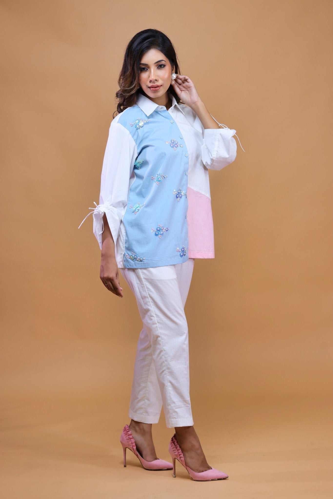 Blue Pink N White Shirt With Pants - Mani Dua Khanna - Co - ord Set - Fab.Minimal