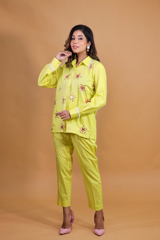Floral Work With Beads On Lime Yellow Set - Mani Dua Khanna - Co - ord Set - Fab.Minimal