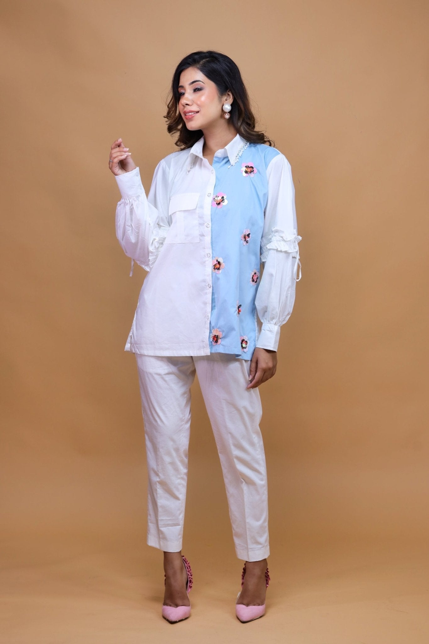 Blues N Whites In Shirt N Pant set - Mani Dua Khanna - Co - ord Set - Fab.Minimal