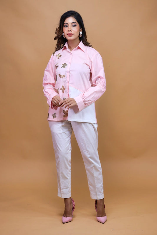 Baby Pink Shirt N White Trousers - Mani Dua Khanna - Co-ord Set - Fab.Minimal
