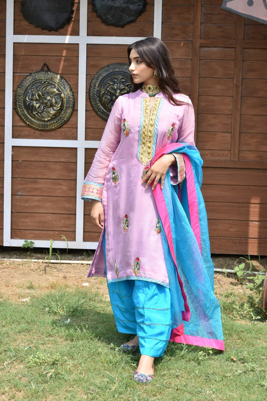 Baby Pink Kurta, Blue Pants & Dupatta In Organza Having Gotta Work - Mani Dua Khanna - Kurta Sets With Dupatta - Mani Dua Khanna