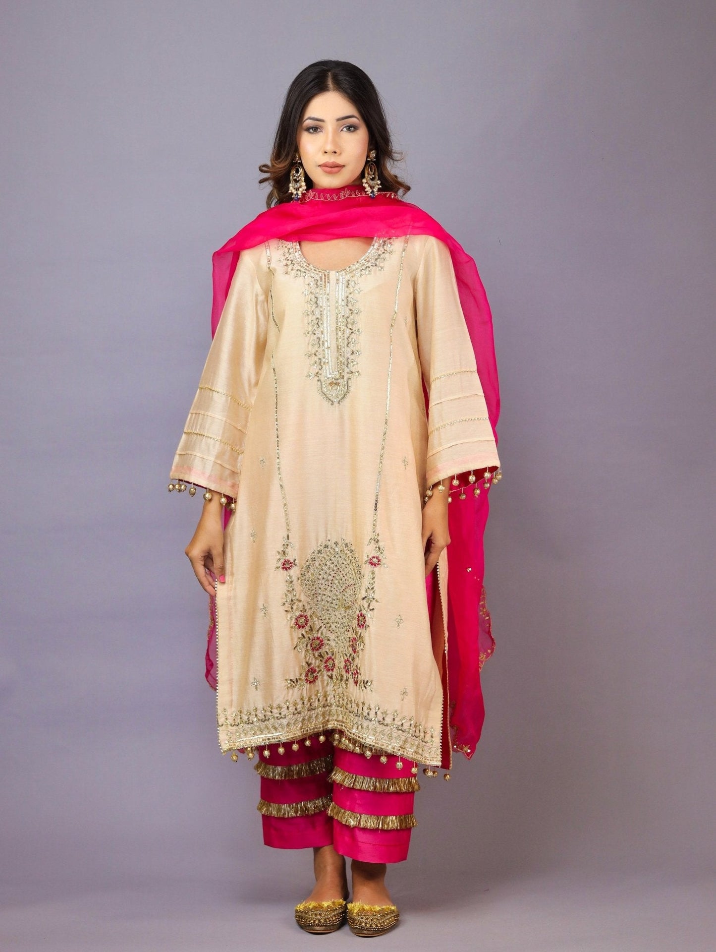 Beige & Hot Pink Kurta Set - Mani Dua Khanna - Kurta Sets With Dupatta - Mani Dua Khanna