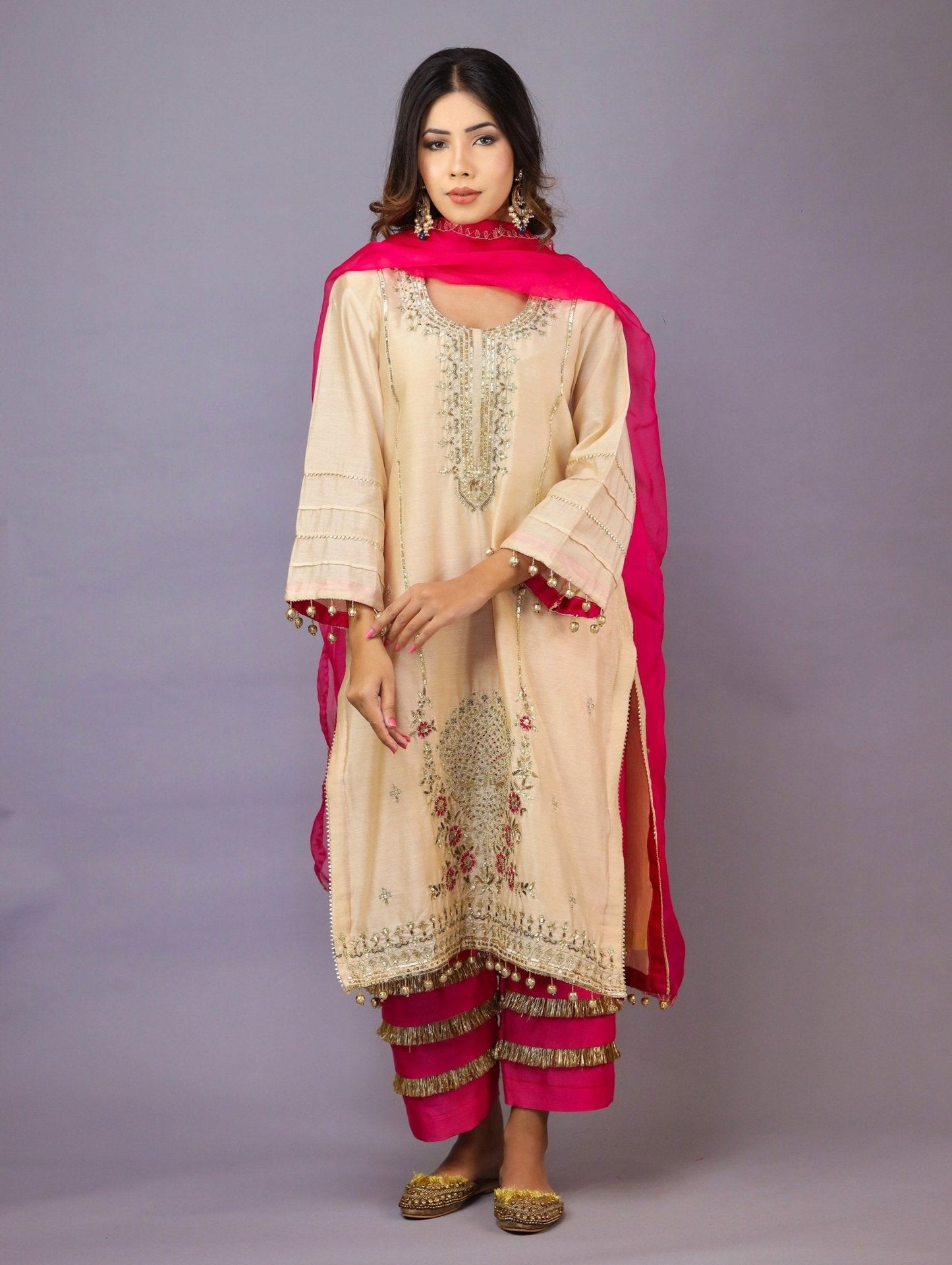 Beige & Hot Pink Kurta Set - Mani Dua Khanna - Kurta Sets With Dupatta - Mani Dua Khanna