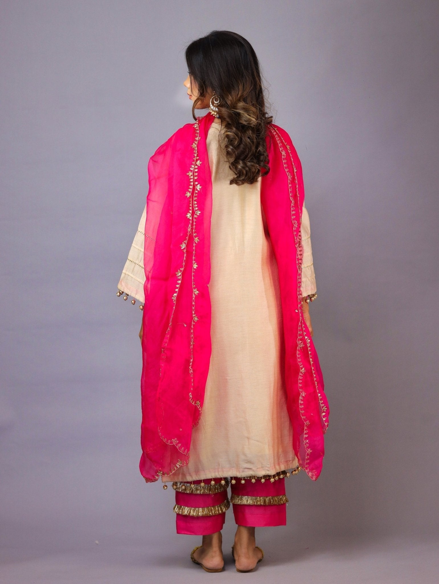 Beige & Hot Pink Kurta Set - Mani Dua Khanna - Kurta Sets With Dupatta - Mani Dua Khanna