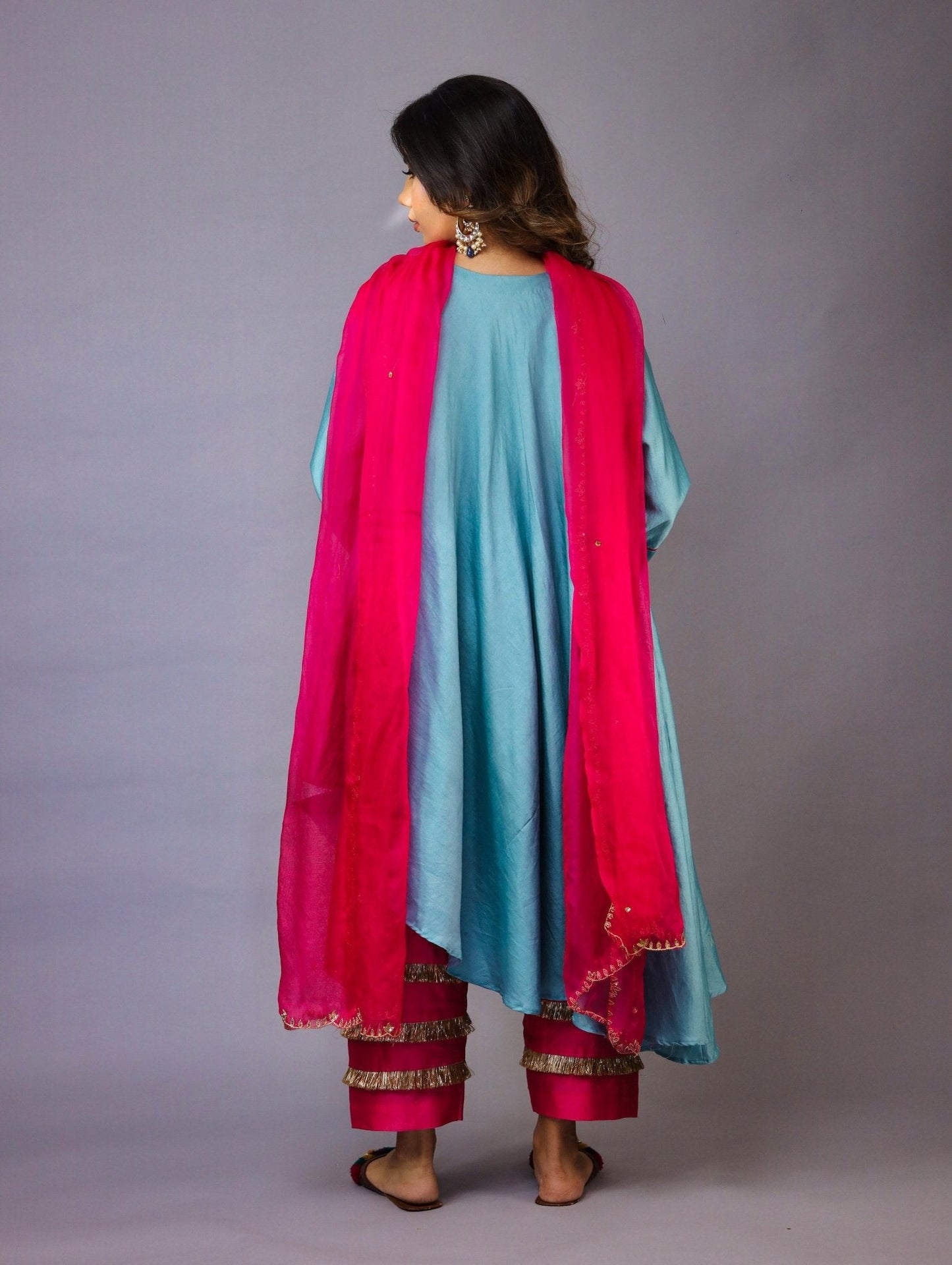 Blue And Pink Chanderi Silk Kurta Set - Mani Dua Khanna - Kurta Sets With Dupatta - Mani Dua Khanna