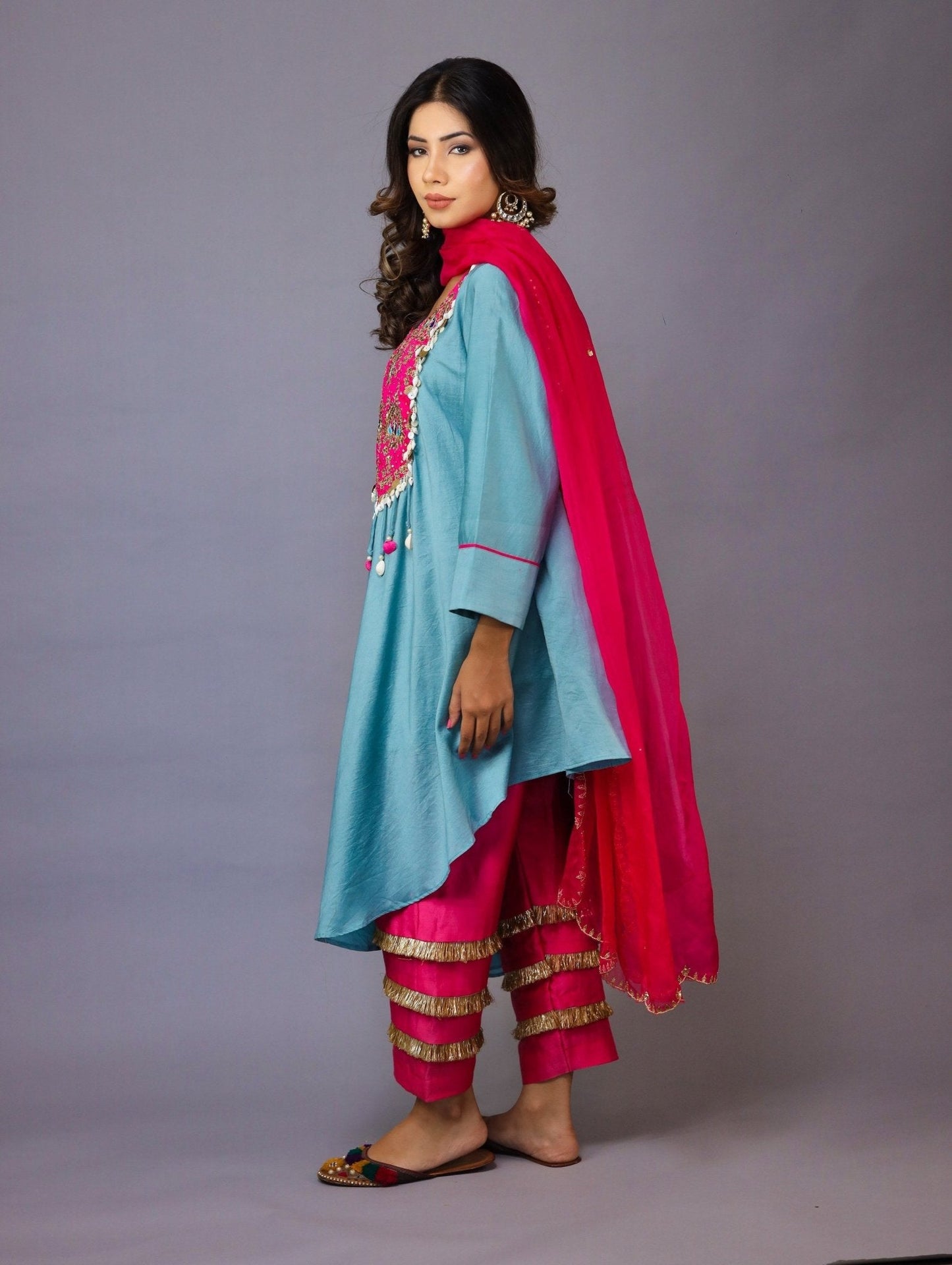 Blue And Pink Chanderi Silk Kurta Set - Mani Dua Khanna - Kurta Sets With Dupatta - Mani Dua Khanna