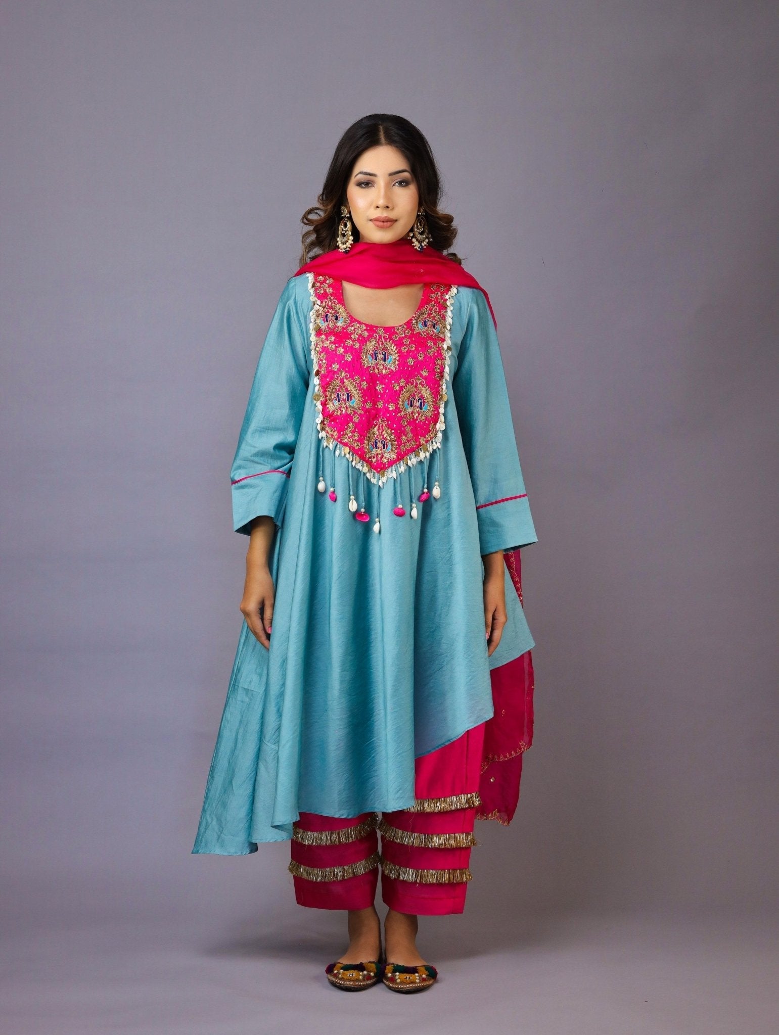 Blue And Pink Chanderi Silk Kurta Set - Mani Dua Khanna - Kurta Sets With Dupatta - Mani Dua Khanna