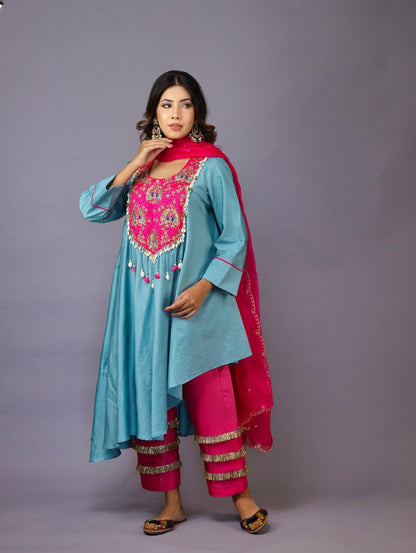 Blue And Pink Chanderi Silk Kurta Set - Mani Dua Khanna - Kurta Sets With Dupatta - Mani Dua Khanna