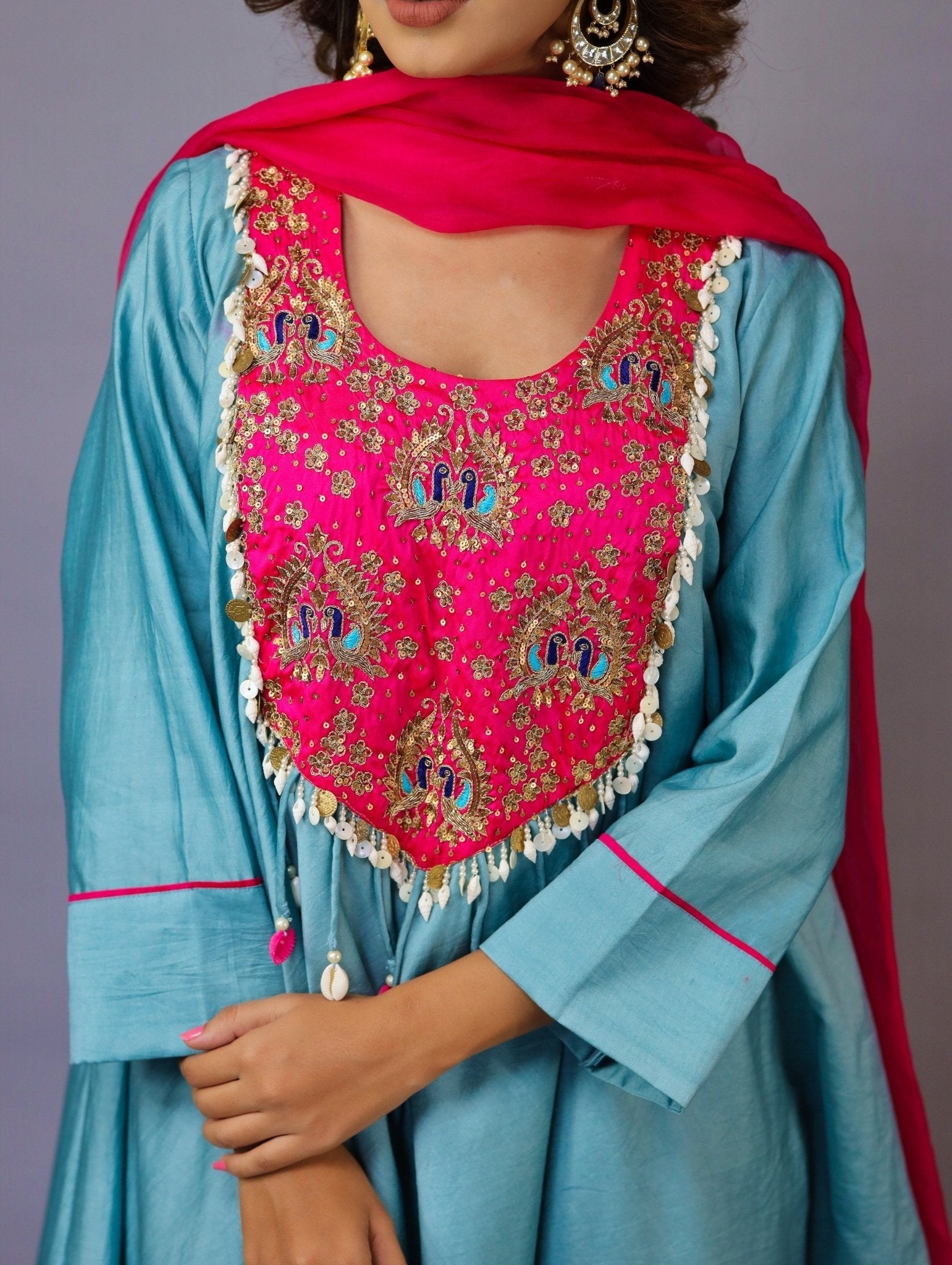 Blue And Pink Chanderi Silk Kurta Set - Mani Dua Khanna - Kurta Sets With Dupatta - Mani Dua Khanna