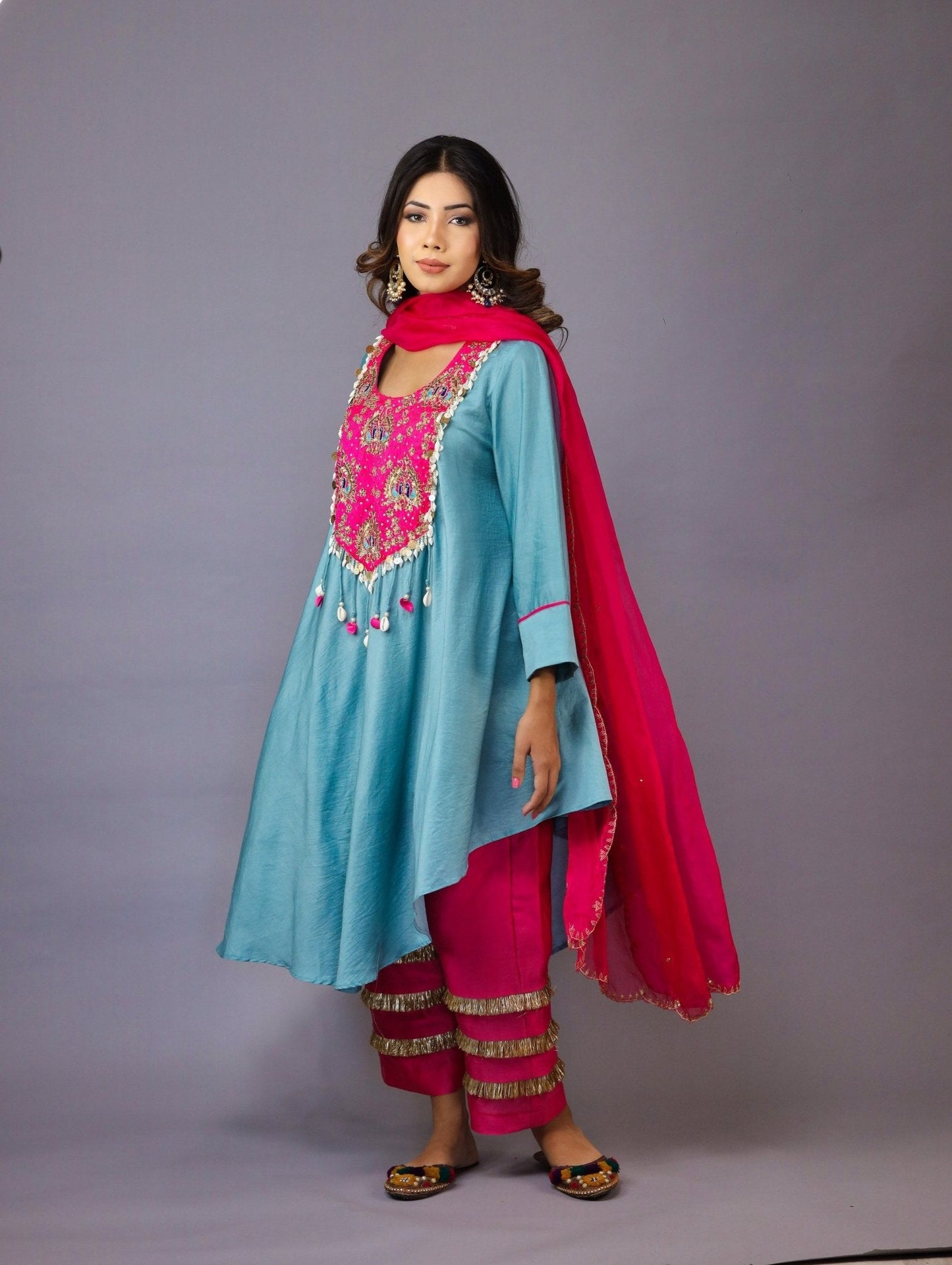 Blue And Pink Chanderi Silk Kurta Set - Mani Dua Khanna - Kurta Sets With Dupatta - Mani Dua Khanna