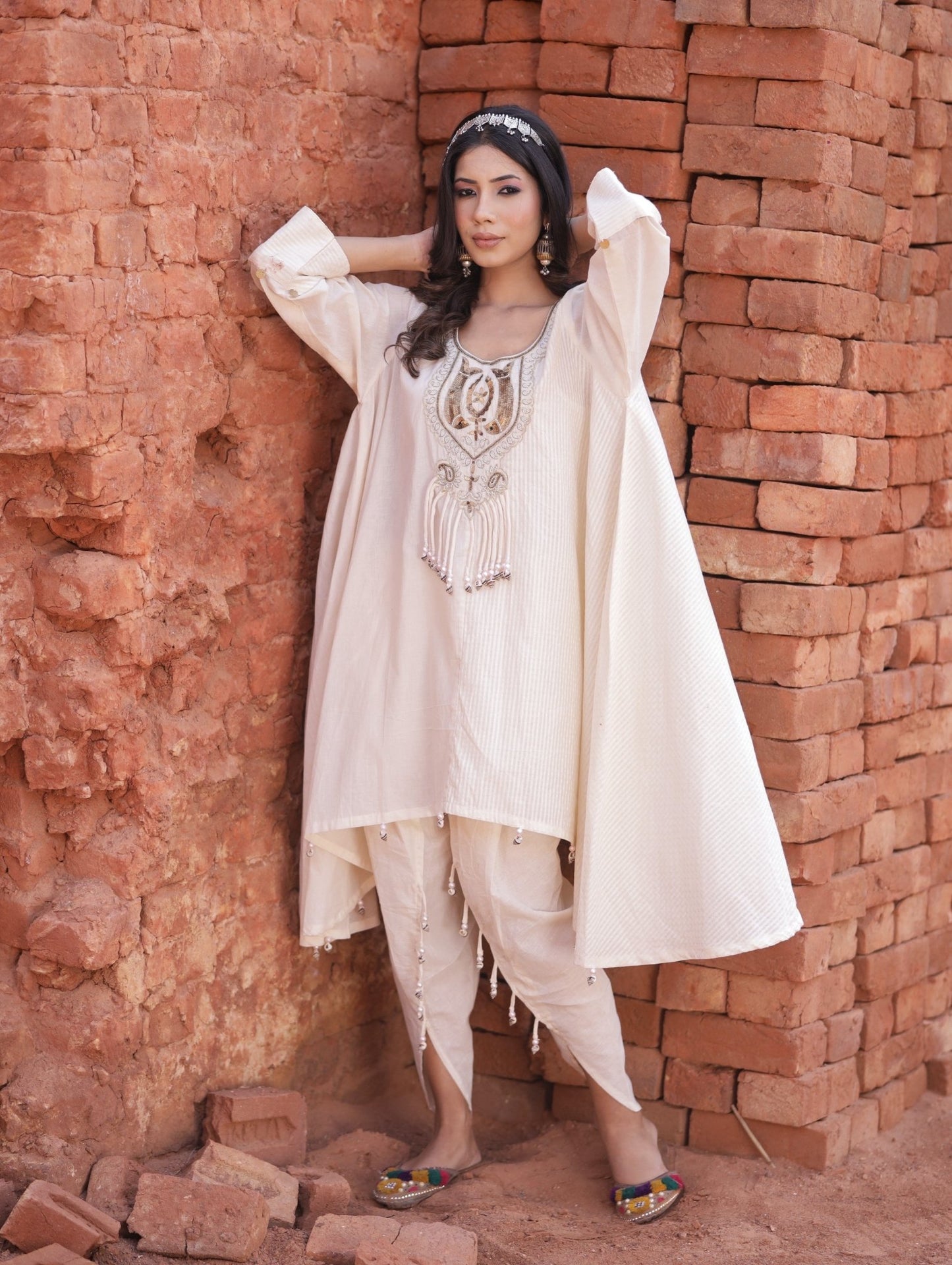 Asymmetric Ivory Kurta Set With Dhoti Pants - Mani Dua Khanna - Kurta Sets - Mani Dua Khanna