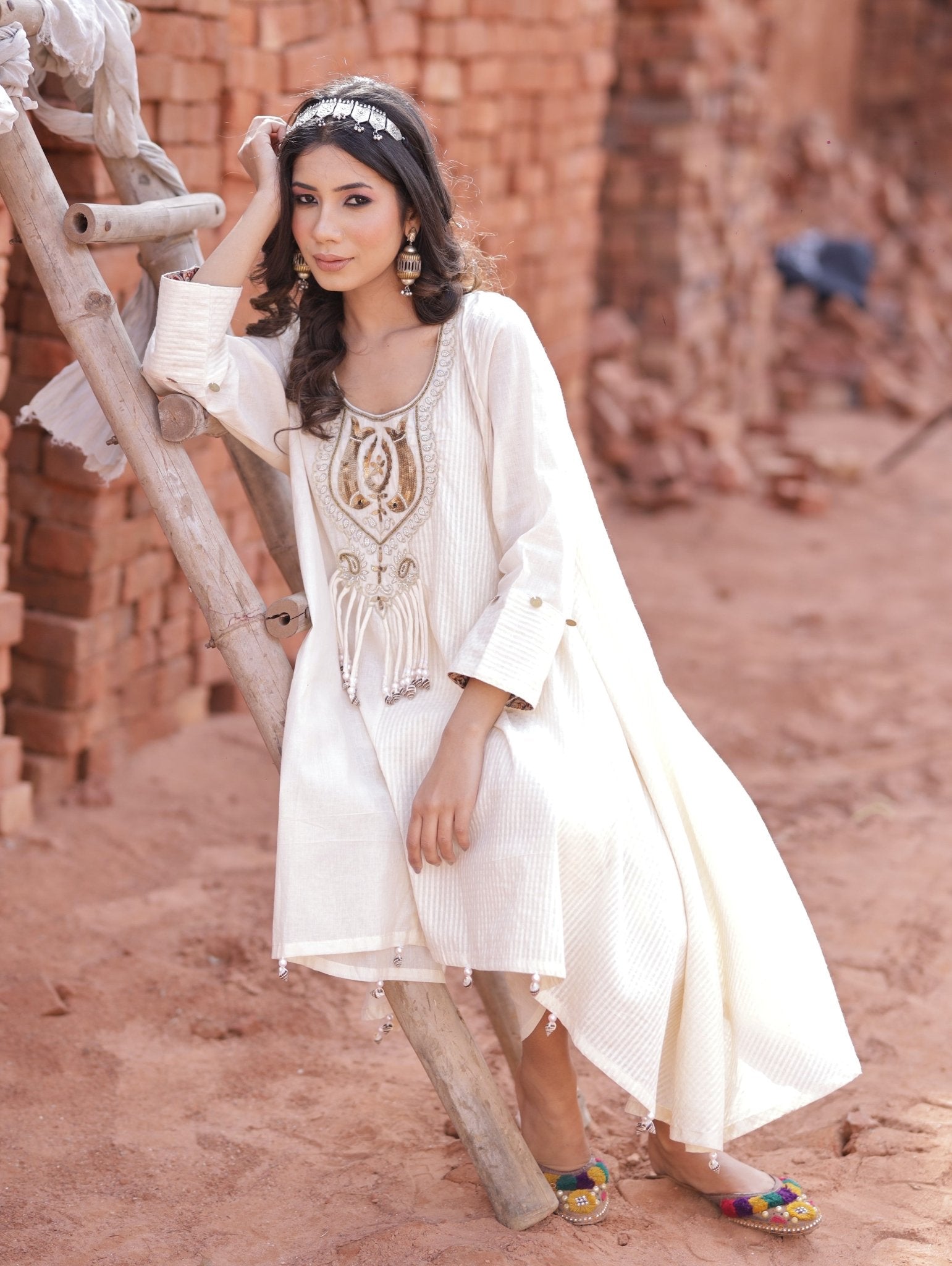 Asymmetric Ivory Kurta Set With Dhoti Pants - Mani Dua Khanna - Kurta Sets - Mani Dua Khanna