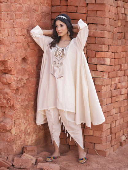 Asymmetric Ivory Kurta Set With Dhoti Pants - Mani Dua Khanna - Kurta Sets - Mani Dua Khanna