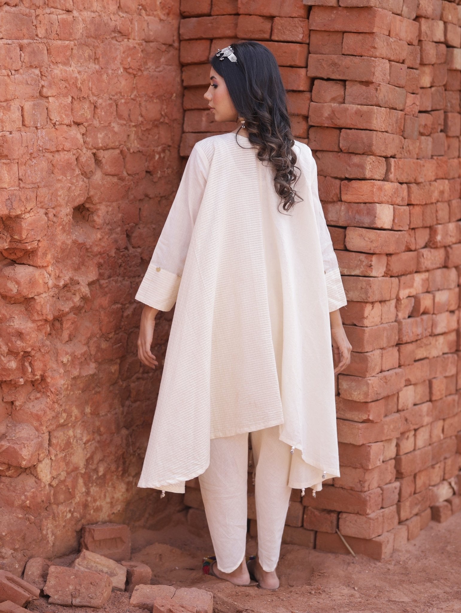 Asymmetric Ivory Kurta Set With Dhoti Pants - Mani Dua Khanna - Kurta Sets - Mani Dua Khanna