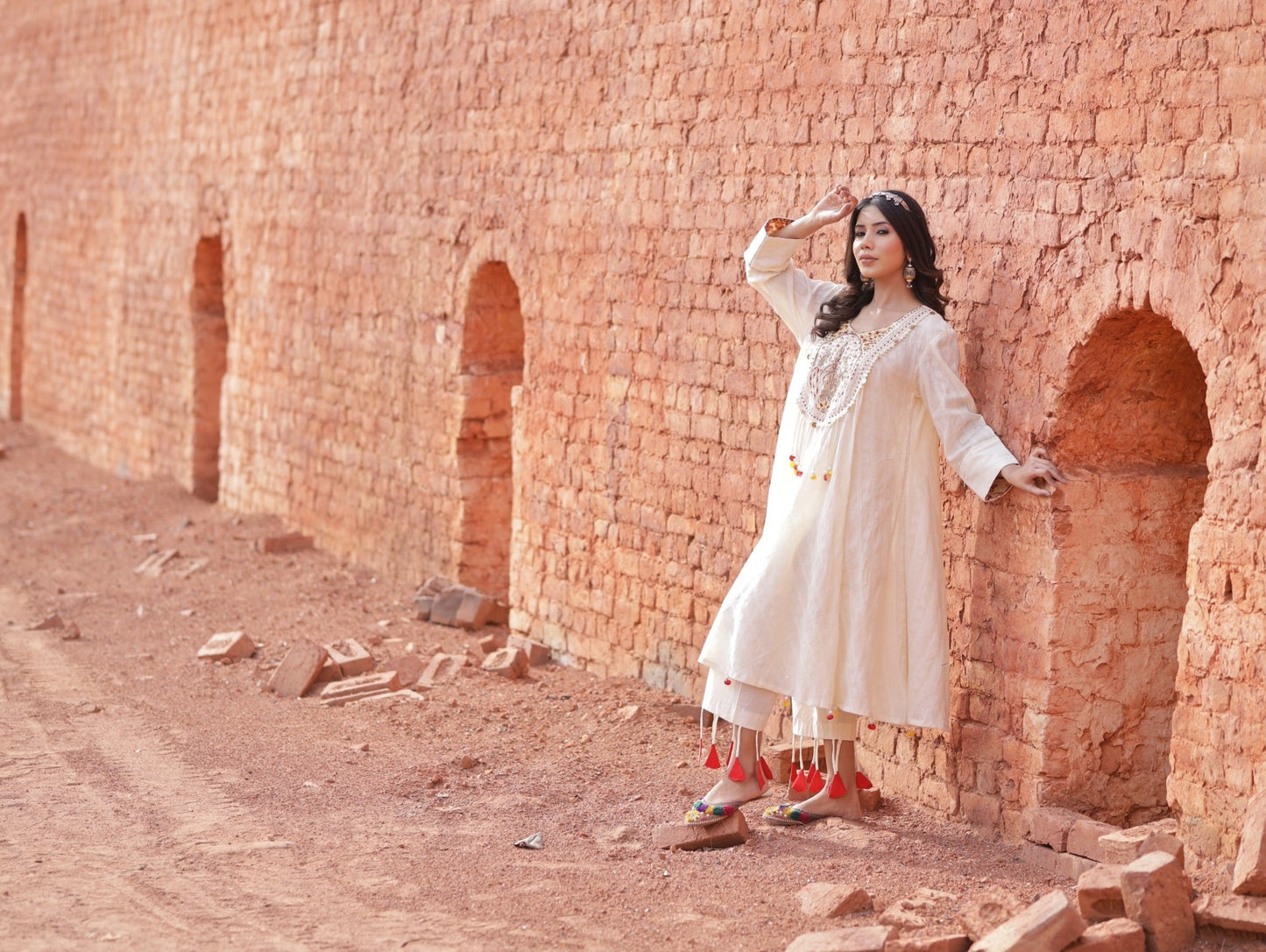 A Line Ivory Kurta Set With Lace Pants - Mani Dua Khanna - Kurta Sets - Mani Dua Khanna