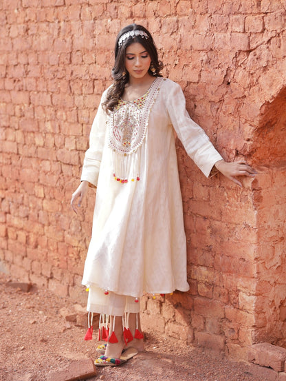 A Line Ivory Kurta Set With Lace Pants - Mani Dua Khanna - Kurta Sets - Mani Dua Khanna