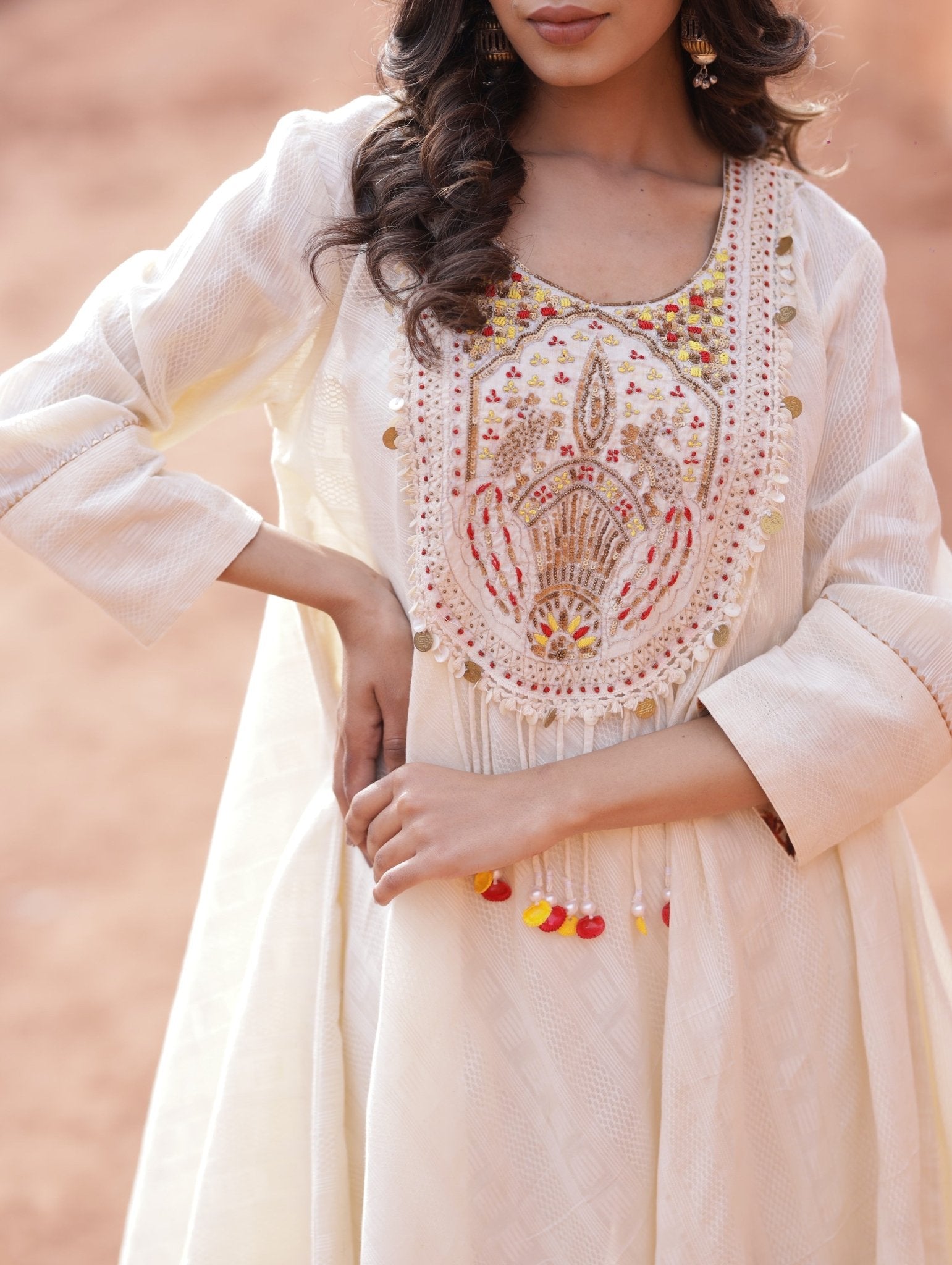 A Line Ivory Kurta Set With Lace Pants - Mani Dua Khanna - Kurta Sets - Mani Dua Khanna