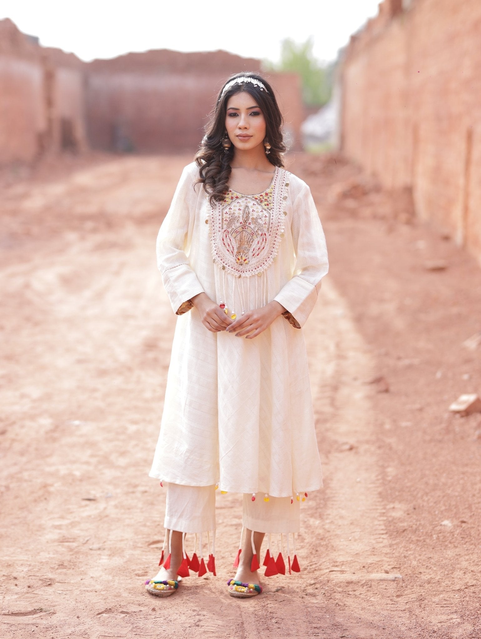 A Line Ivory Kurta Set With Lace Pants - Mani Dua Khanna - Kurta Sets - Mani Dua Khanna