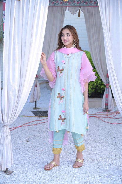 Sky Blue With Pink Kurta Set