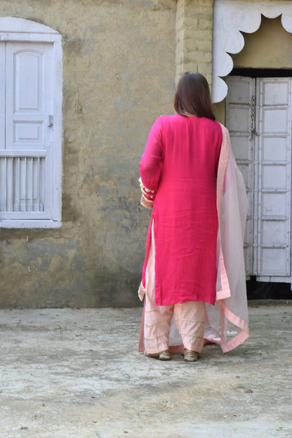 Pink Kurta, Peach Pants & Dupatta In Organza Fabric Having Gotta Work