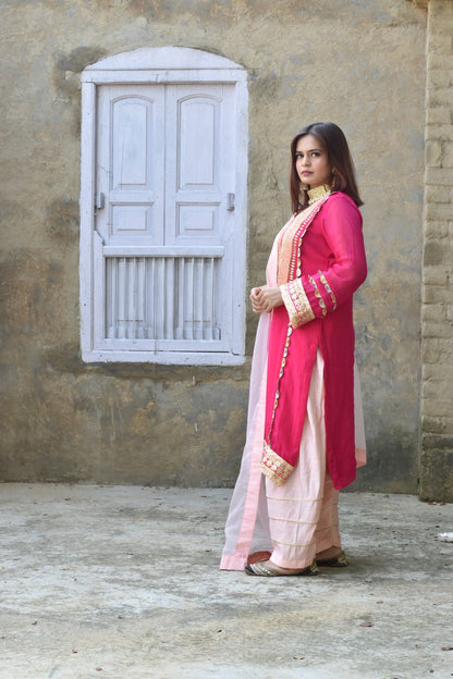 Pink Kurta, Peach Pants & Dupatta In Organza Fabric Having Gotta Work