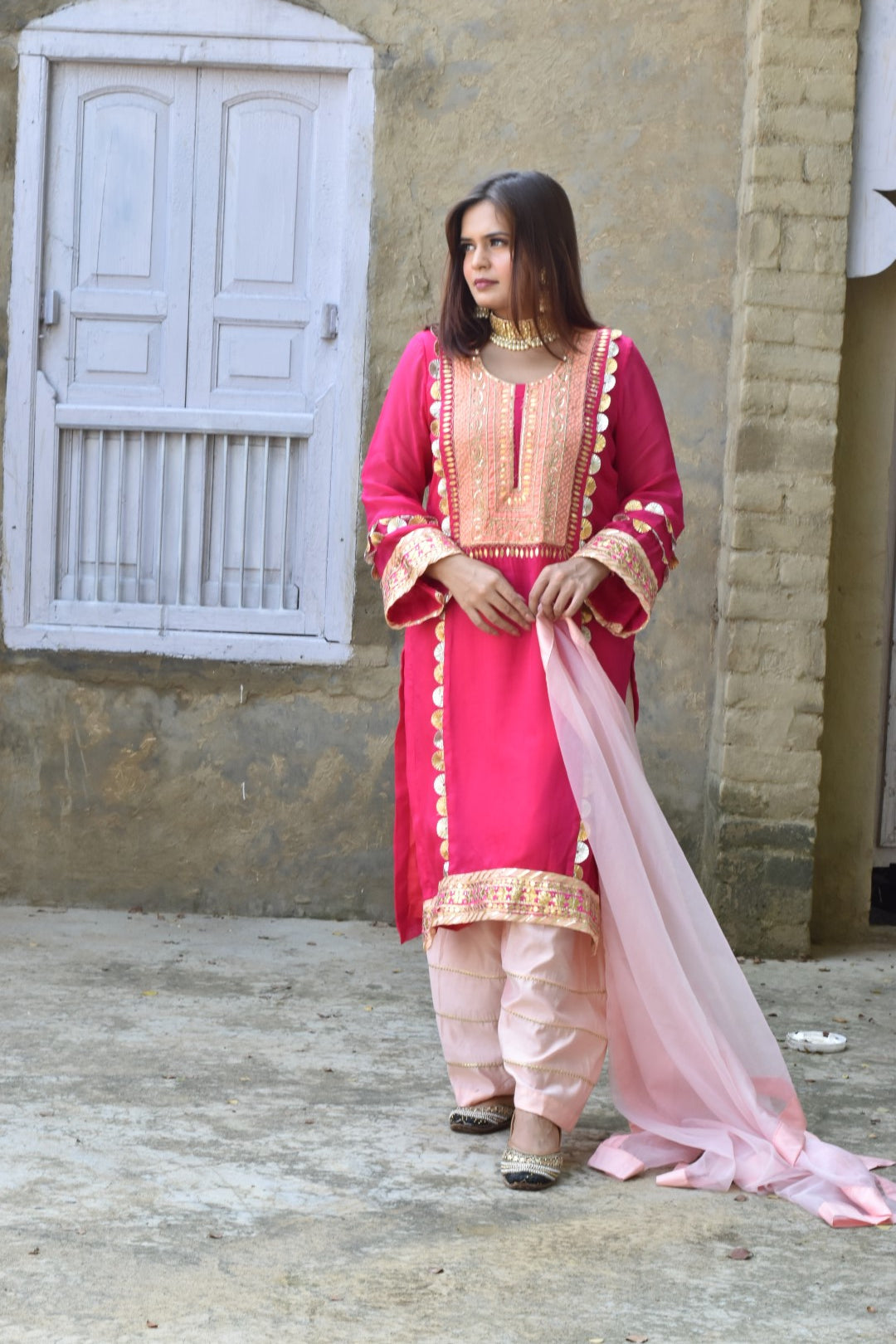 Pink Kurta, Peach Pants & Dupatta In Organza Fabric Having Gotta Work