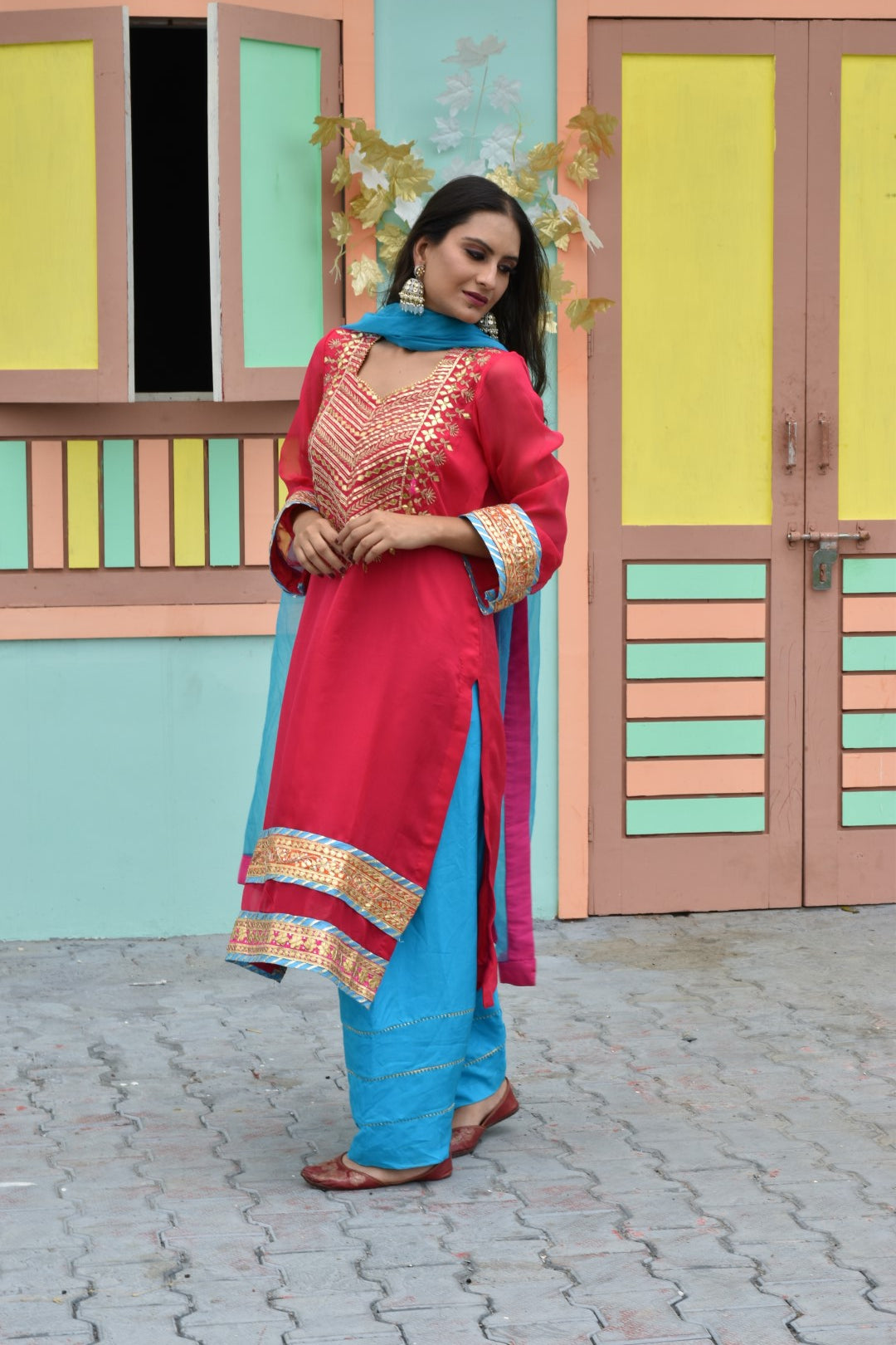 Pink Kurta, Blue Salwar & Blue Dupatta In Organza Having Gotta Work