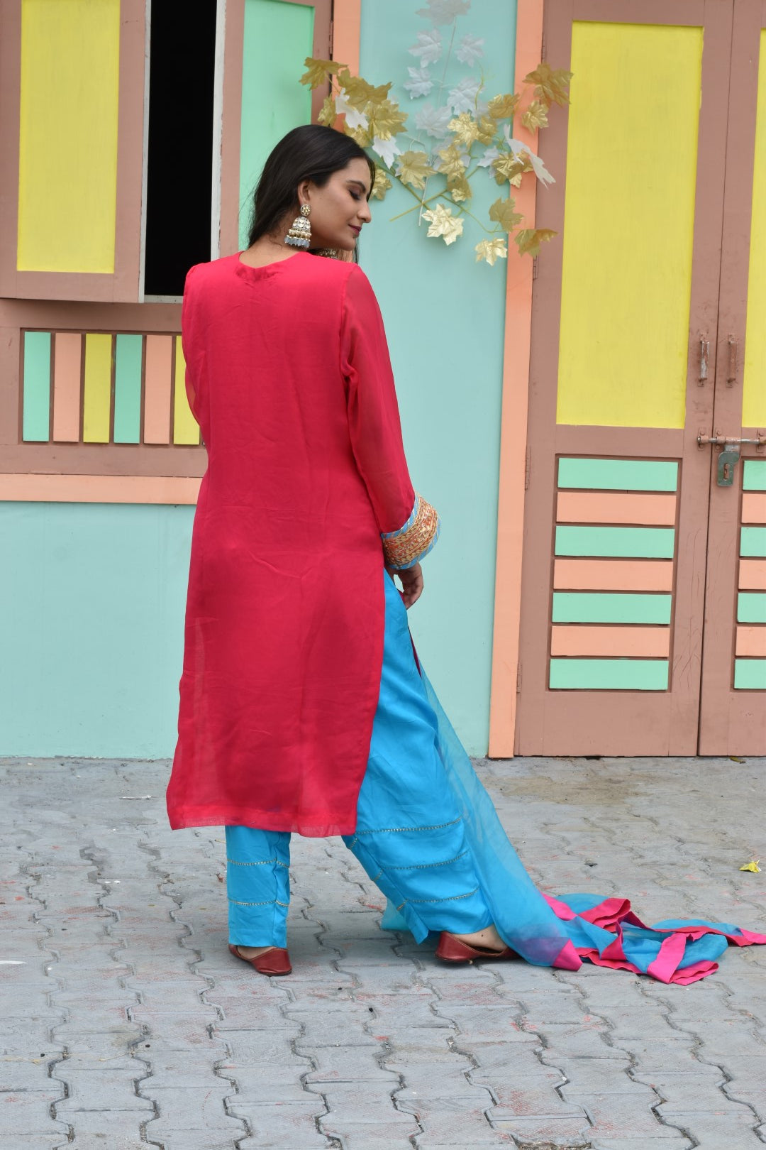 Pink Kurta, Blue Salwar & Blue Dupatta In Organza Having Gotta Work