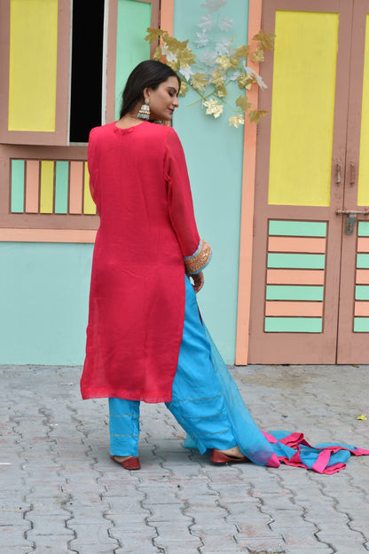 Pink Kurta, Blue Salwar & Blue Dupatta In Organza Having Gotta Work