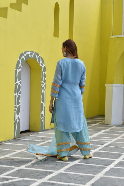 Sky Blue Kurta, Pants & Dupatta In Organza Having Zardozi Work