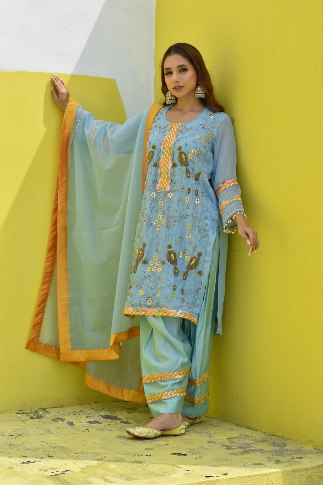 Sky Blue Kurta, Pants & Dupatta In Organza Having Zardozi Work