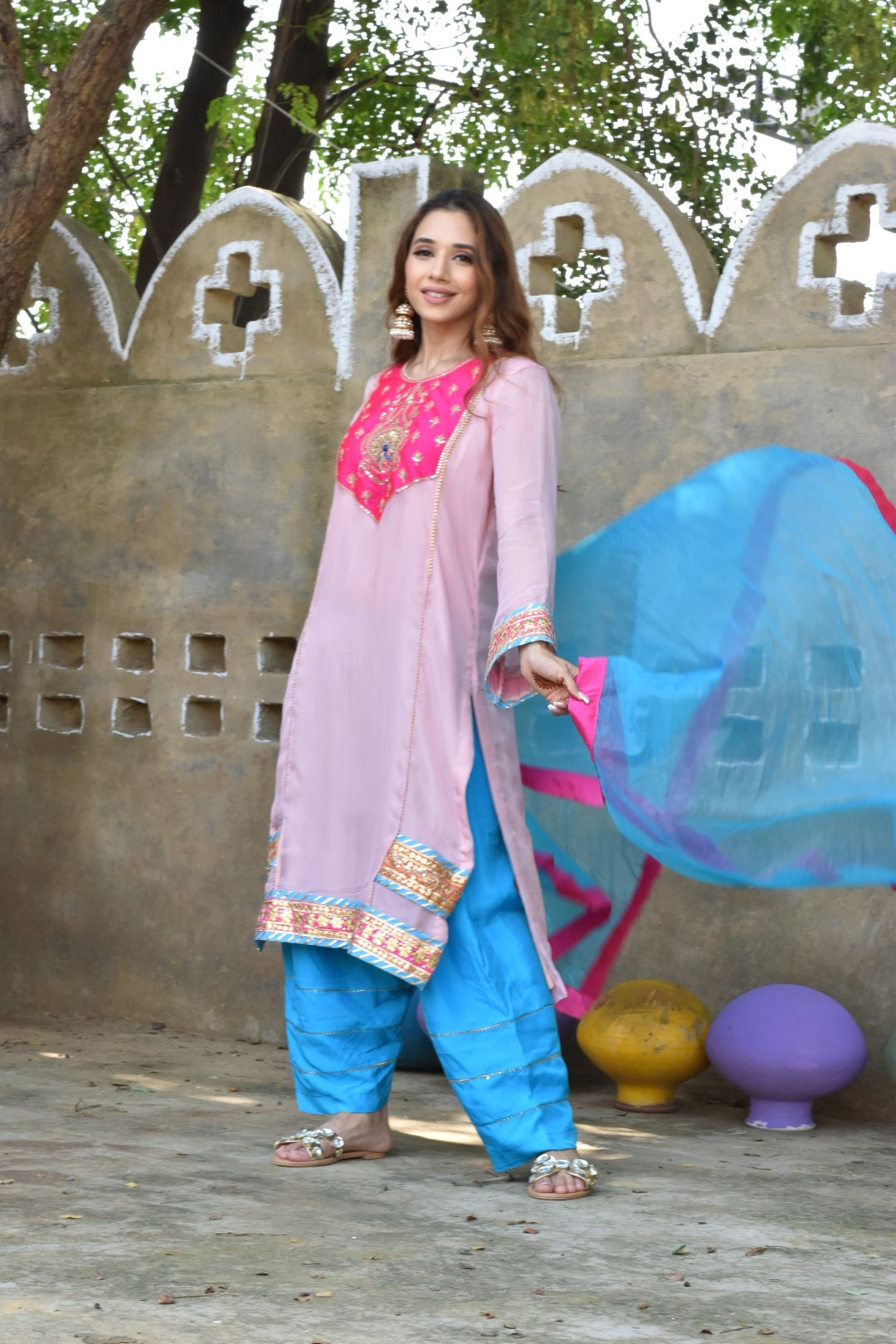 Pink Kurta With Intricate Embroidery, Blue Pants & Dupatta In Organza