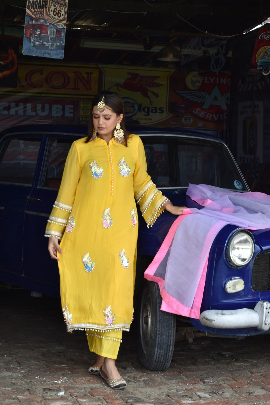 Yellow Kurta, Pants & With Pink  Dupatta In Organza Having Gotta Work