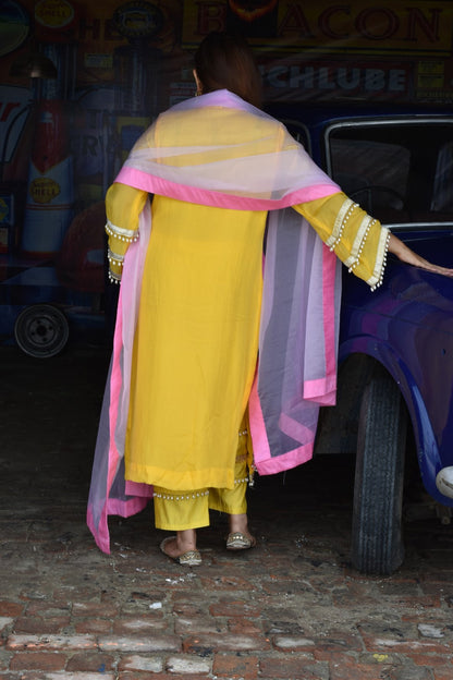 Yellow Kurta, Pants & With Pink  Dupatta In Organza Having Gotta Work