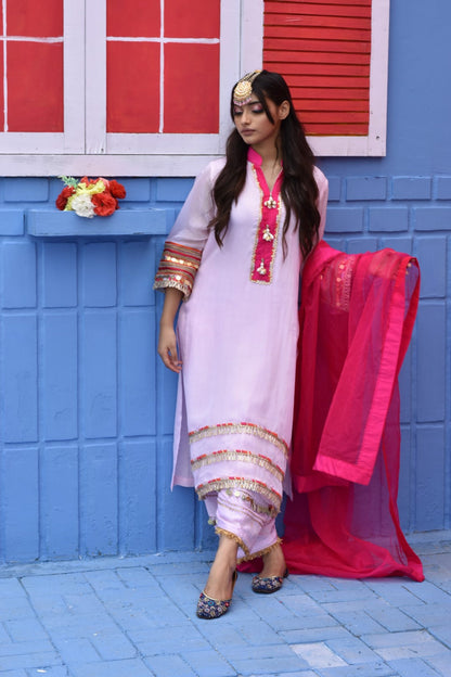 Pink Kurta, Pants & Dupatta In Organza Having Gotta Work