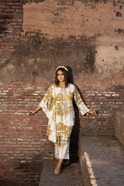 Tropical Print In Yellow Ivory Kurta