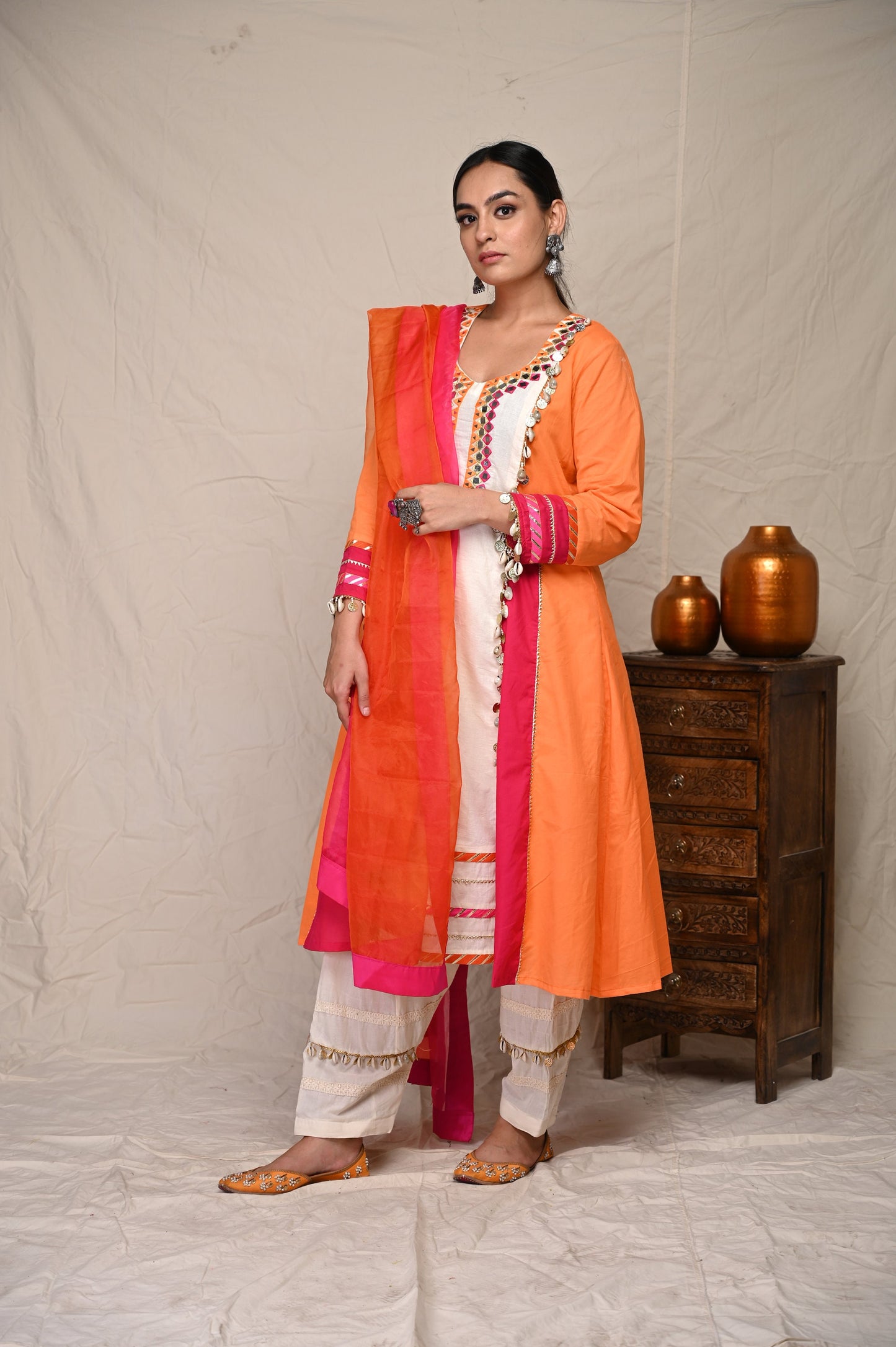 Orange Patch Work Kurta Set & Matching Dupatta