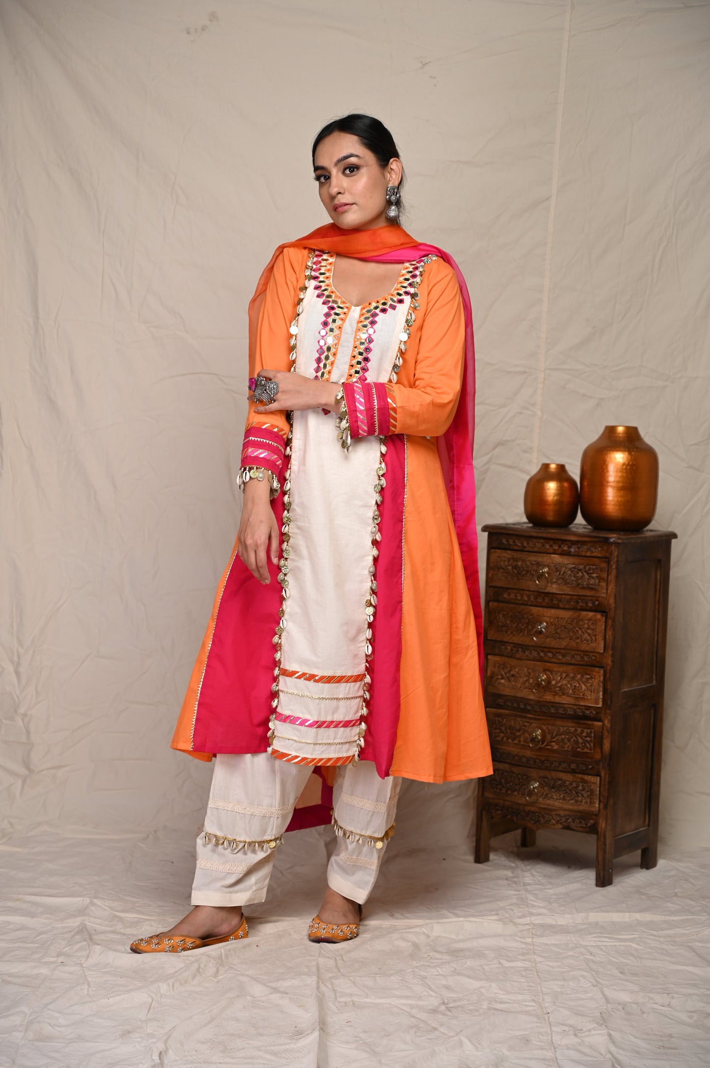 Orange Patch Work Kurta Set & Matching Dupatta