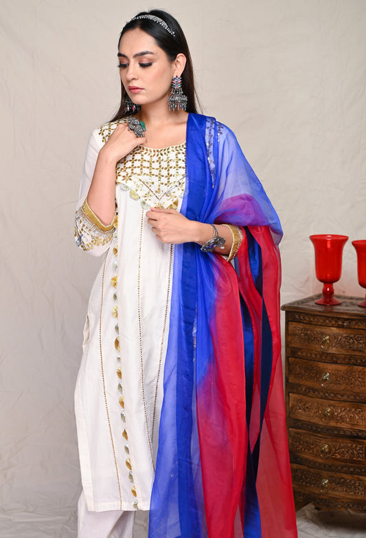 Ivory Colored White Cotton Nakshi Work Indian Wear Kurta Set With Blue & Pink Dupatta