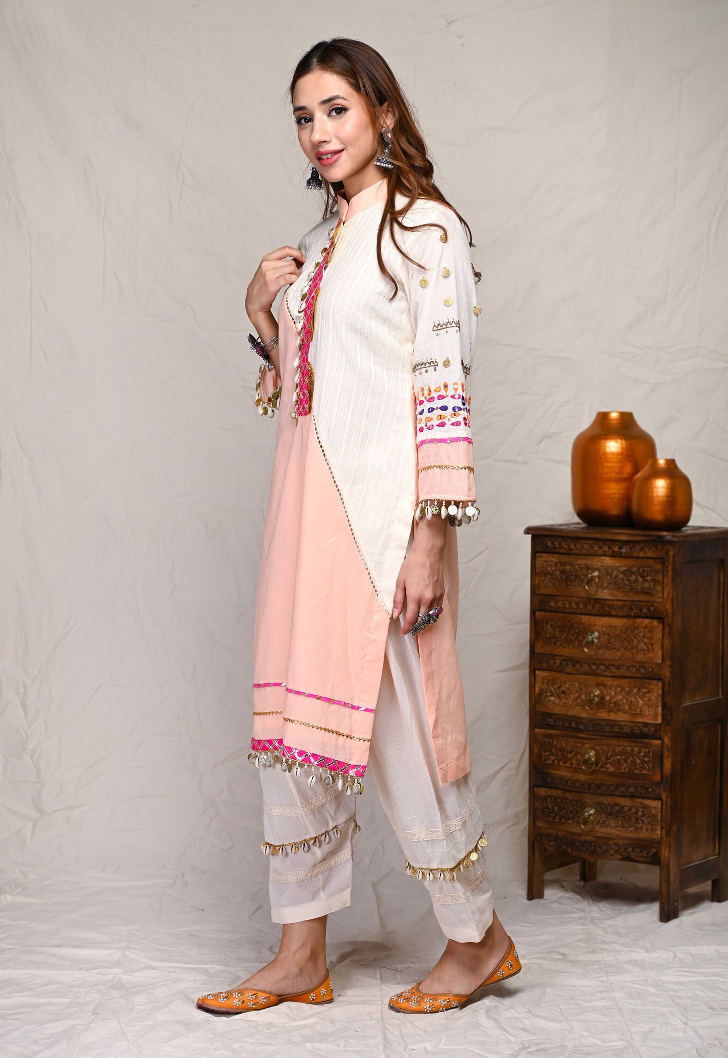 Pink Mirror Work Pattern Kurta Set (Set Of 2)