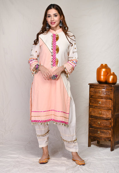 Pink Mirror Work Pattern Kurta Set (Set Of 2)