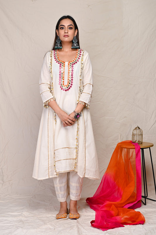 Ivory White Mirror Work Indian Wear Kurta Set With Orange Dupatta