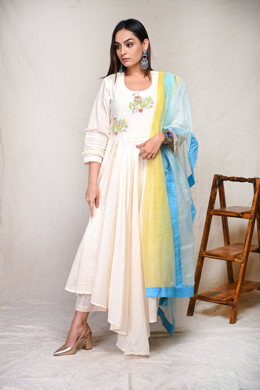 Ivory Colored Sequence Embroidery White Indian Wear Kurta Set With Blue & Lemon Dupatta