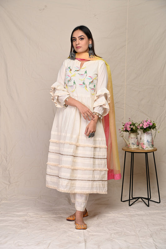 White Sequence Pattern Round Neck Indian Wear Kurta Set With Dupatta