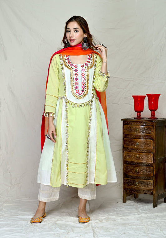 Green Gotta And Mirror Pattern Indian Wear Kurta Set