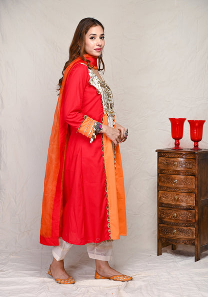 Red Dabka Work Kurta Set